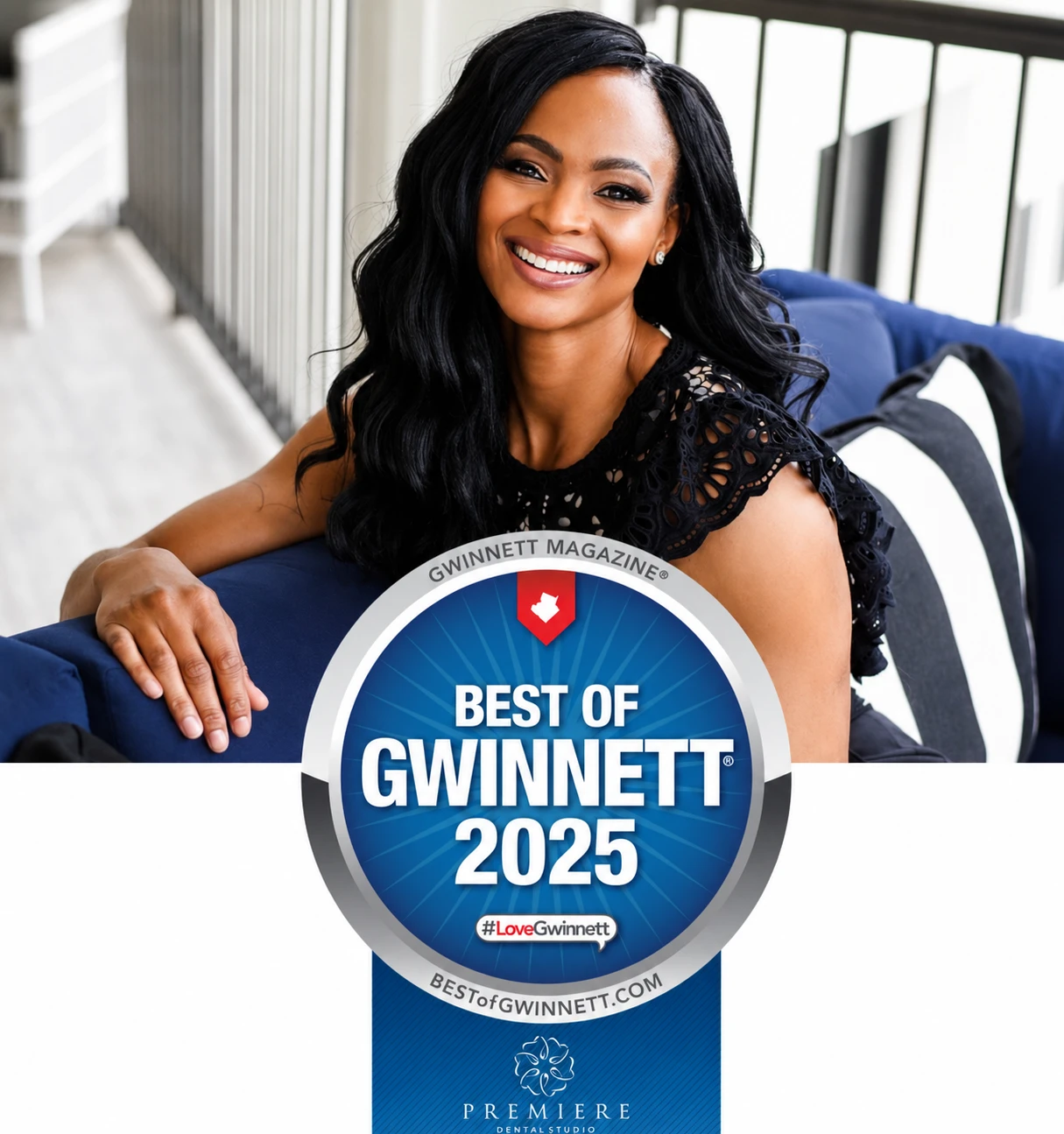 Dr. Edugie Asemota with the Gwinnett Magazine Best of Gwinnett 2025 award emblem and Premiere Dental Studio branding